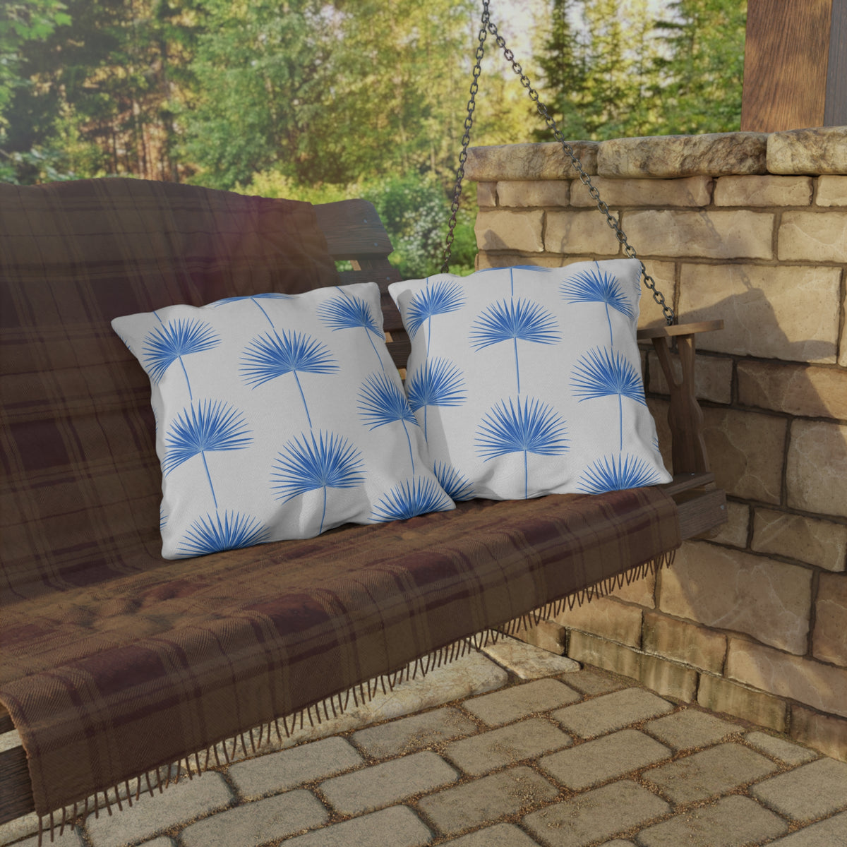 Blue Fan Palm Leaf Outdoor Pillow