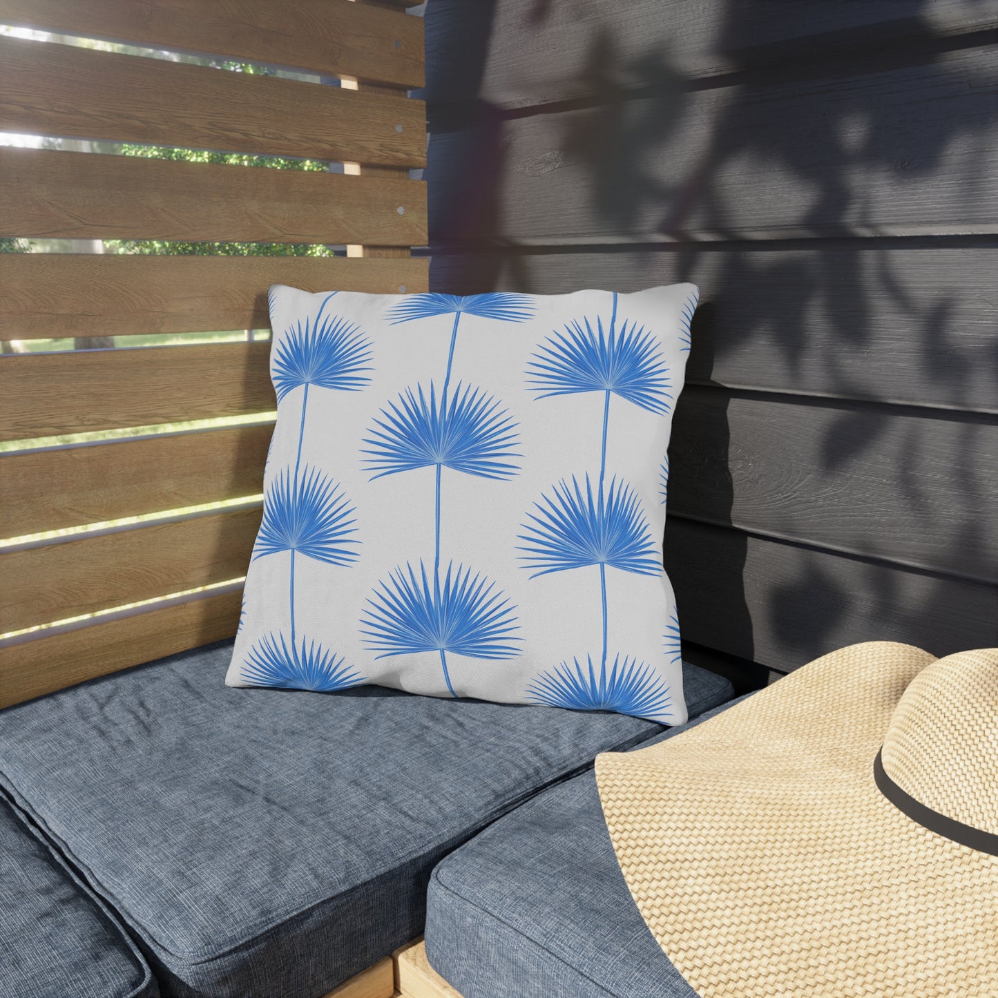 Blue Fan Palm Leaf Outdoor Pillow