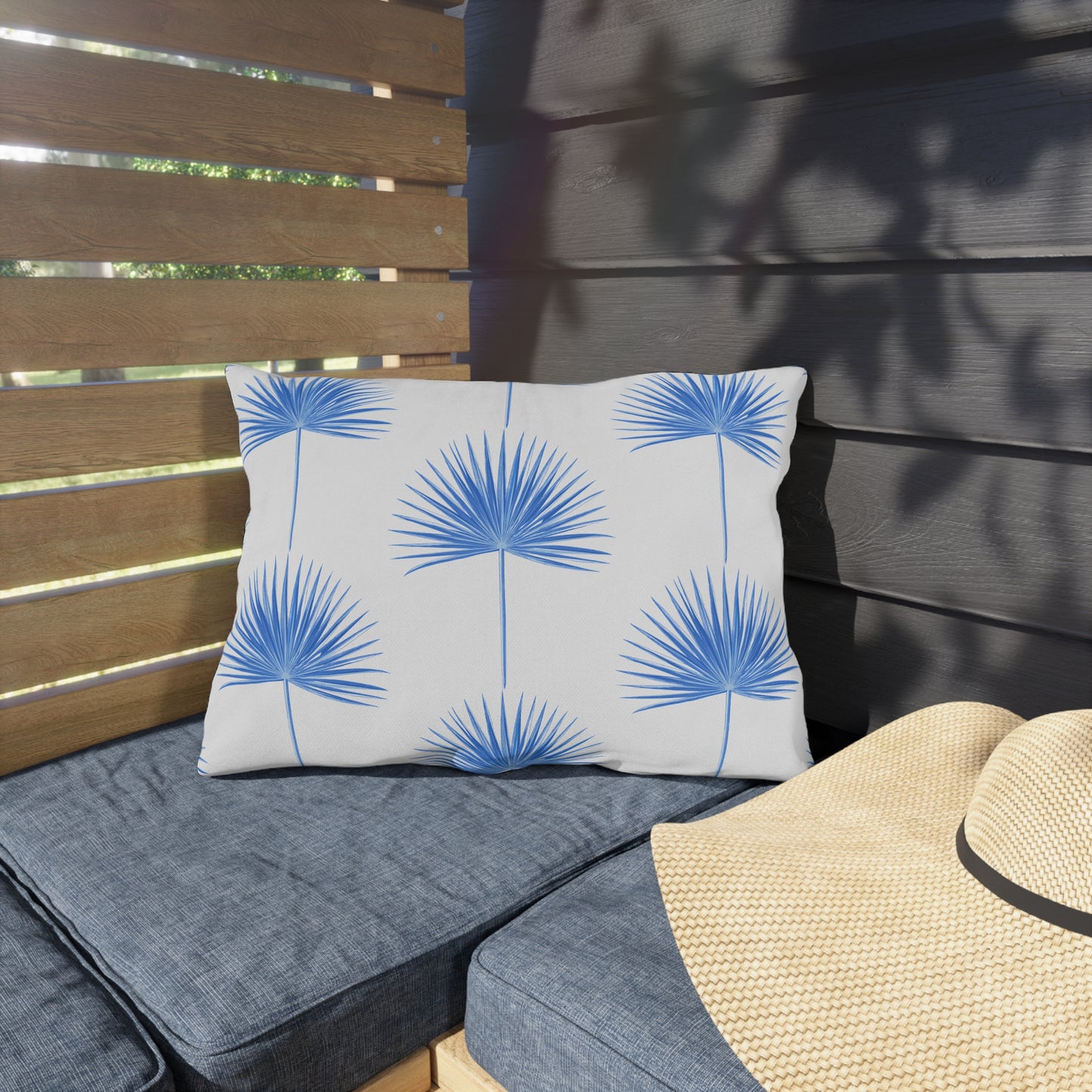 Blue Fan Palm Leaf Outdoor Pillow