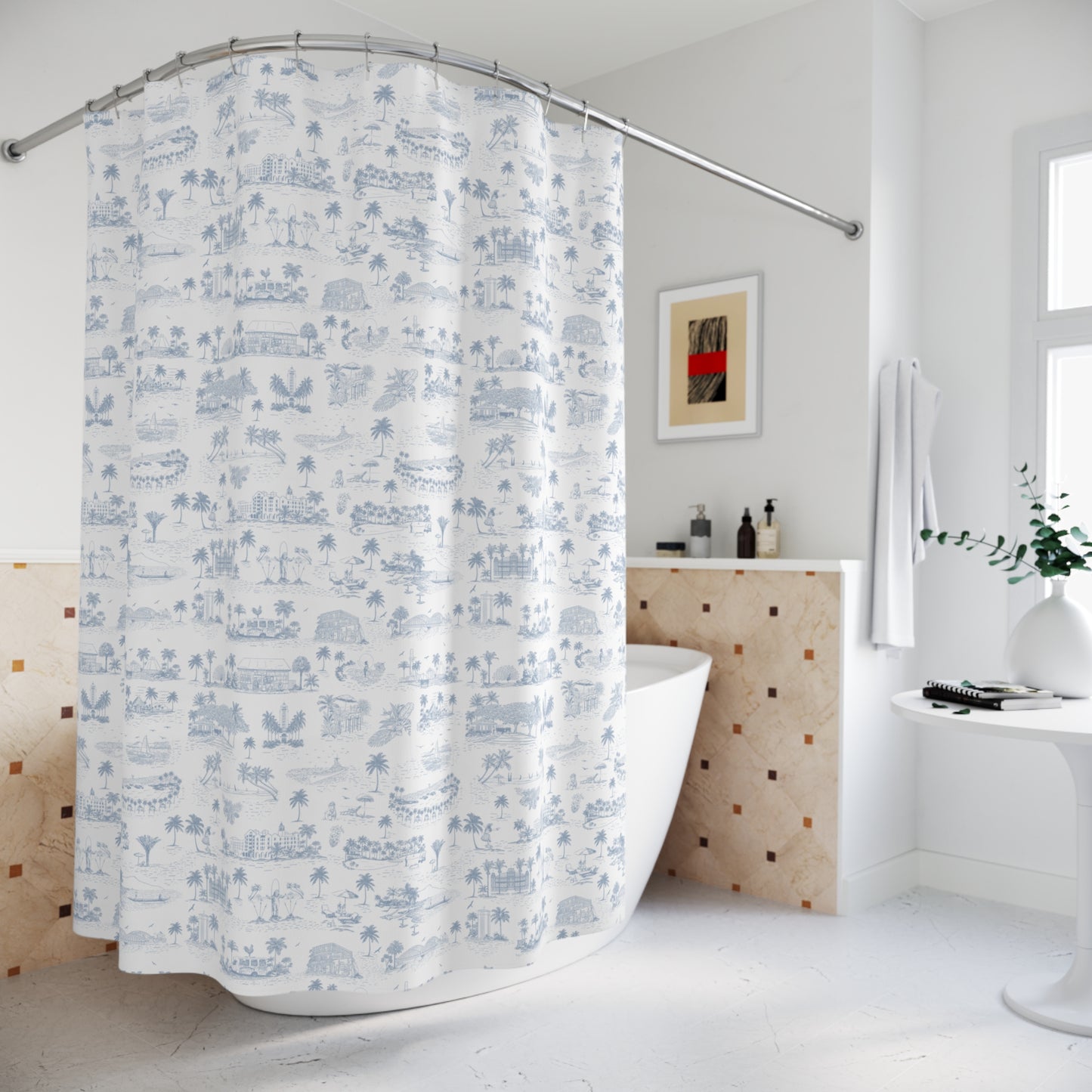 Oahu Shower Curtain White, Light Blue