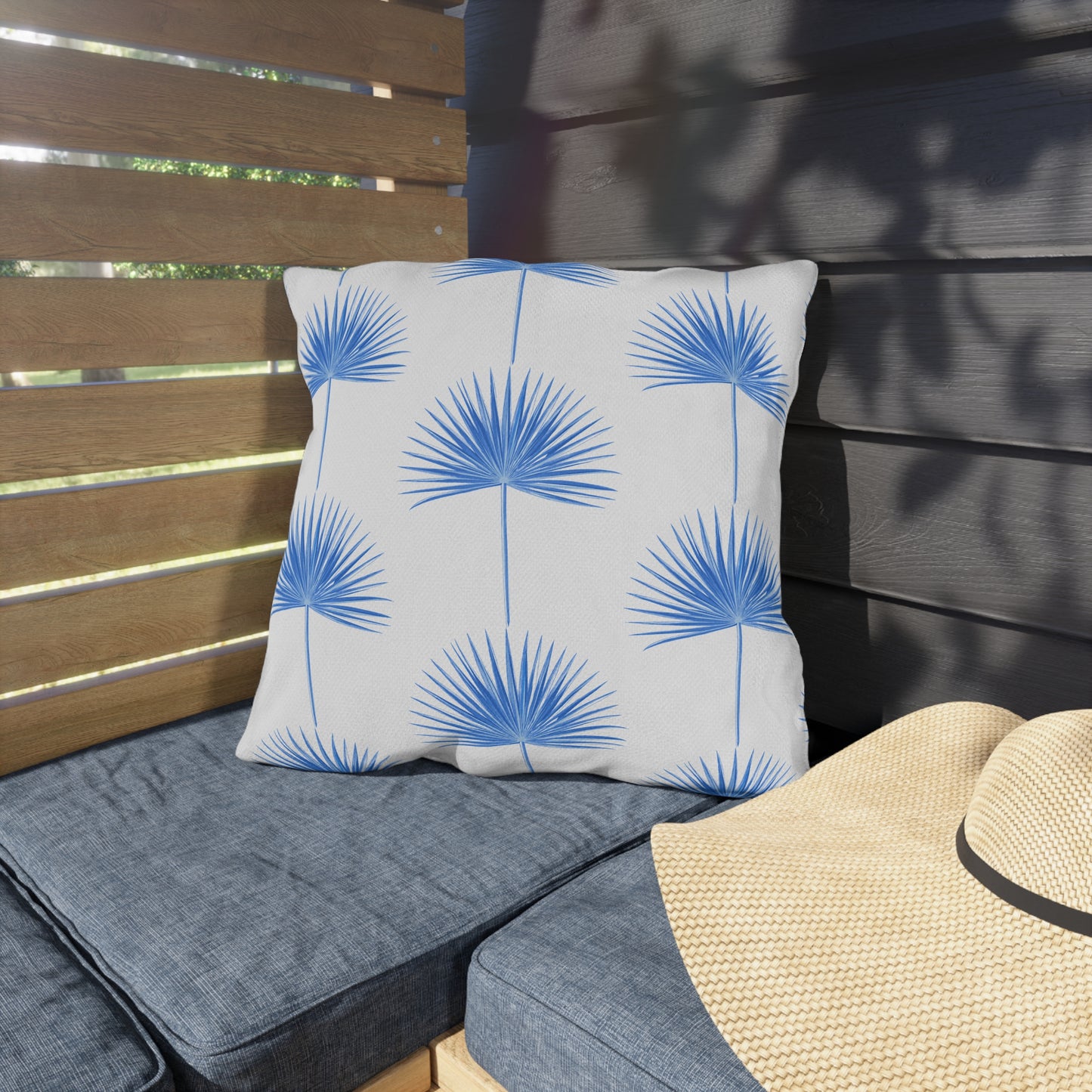 Blue Fan Palm Leaf Outdoor Pillow