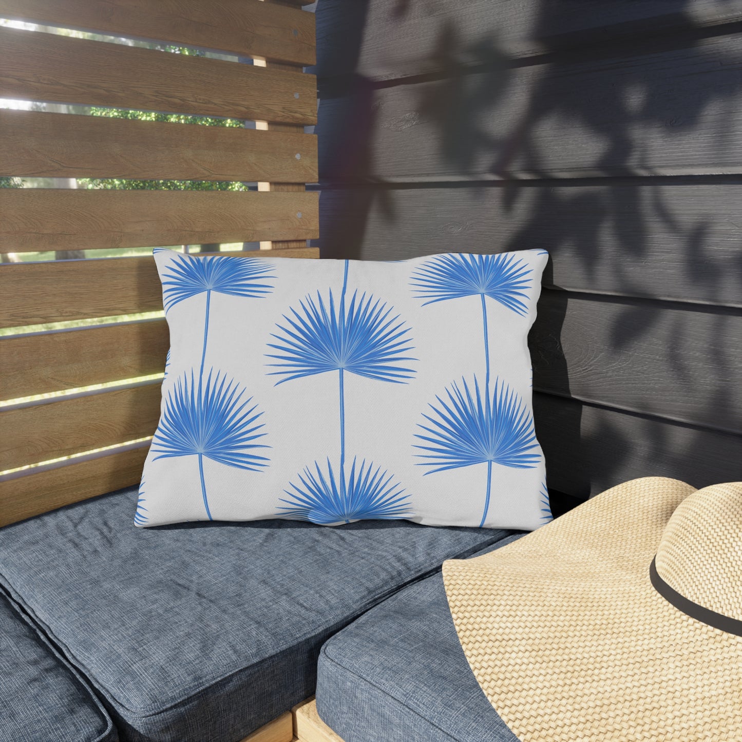 Blue Fan Palm Leaf Outdoor Pillow