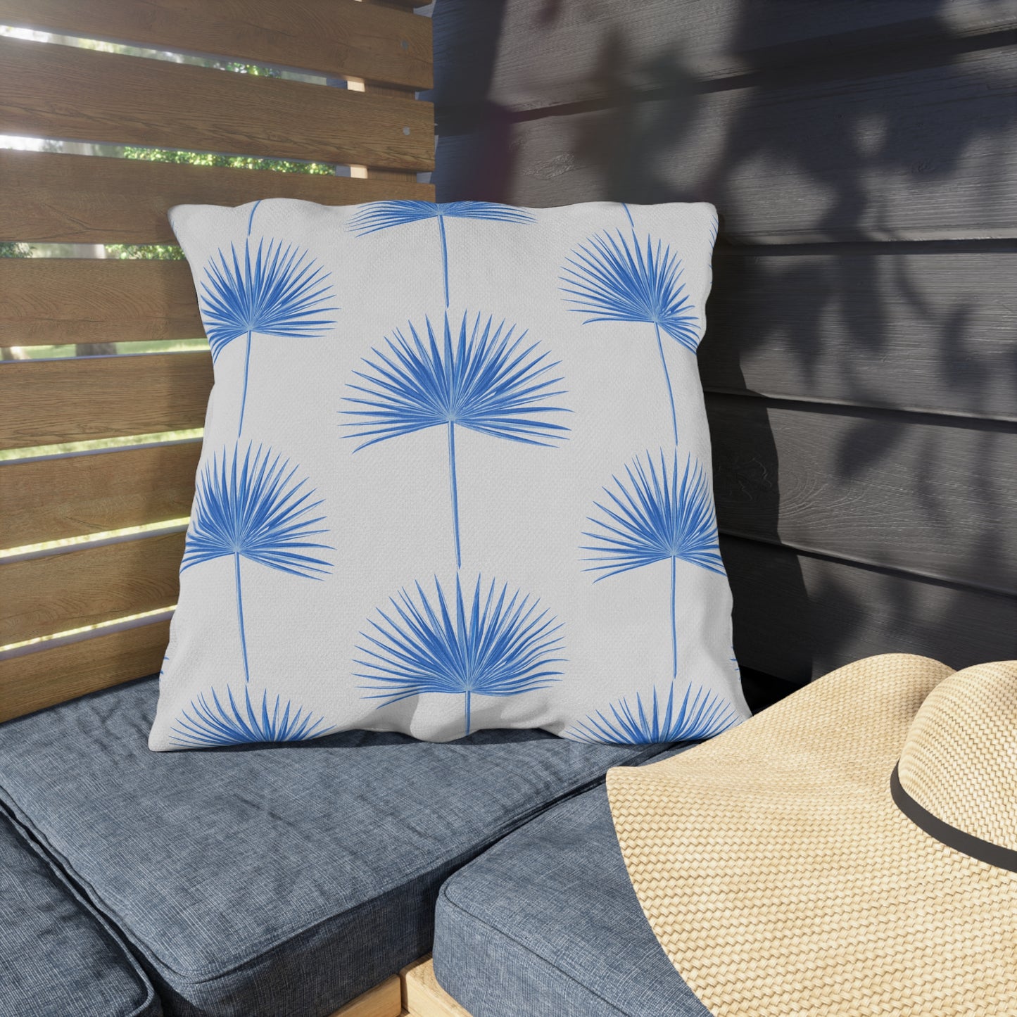 Blue Fan Palm Leaf Outdoor Pillow