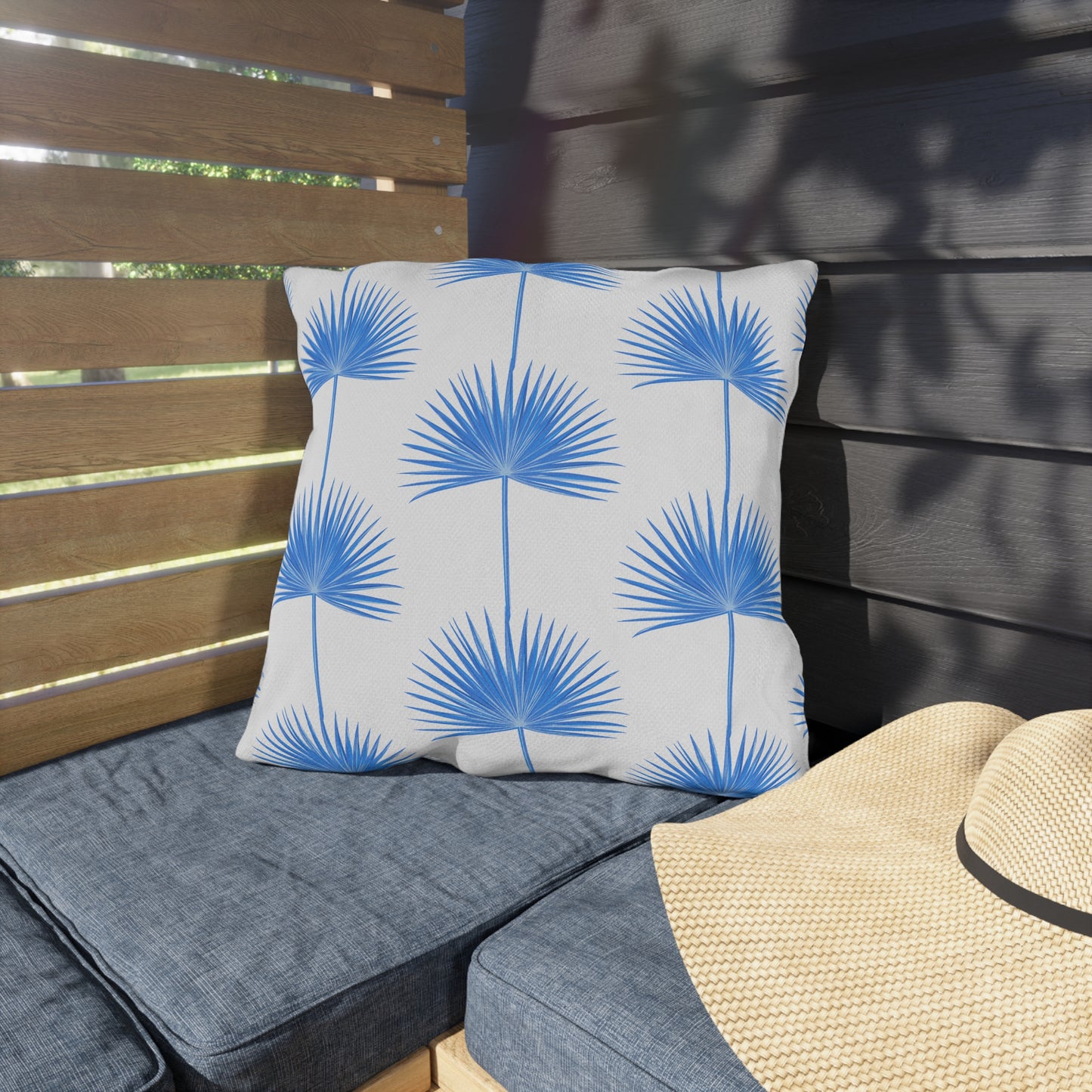 Blue Fan Palm Leaf Outdoor Pillow