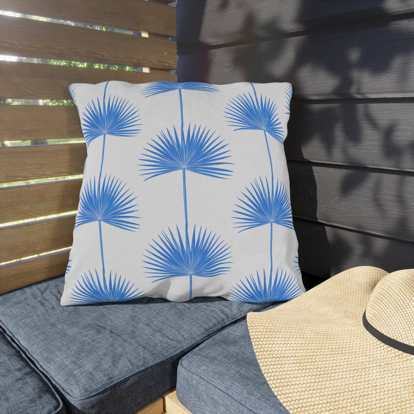 Blue Fan Palm Leaf Outdoor Pillow